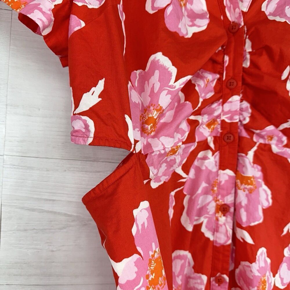 Old Navy Cutout Midi Shirt‎ Dress Women XL Red Floral Short Sleeve Button Collar - Picture 6 of 15